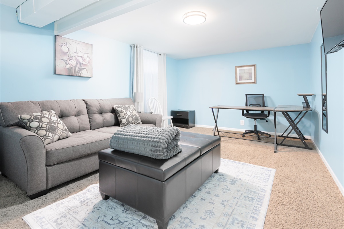 Lower-level office & living suite: finished basement multipurpose room with seating, full-size sleeper sofa, a wall-mounted 32" smart TV and dedicated workspace.
