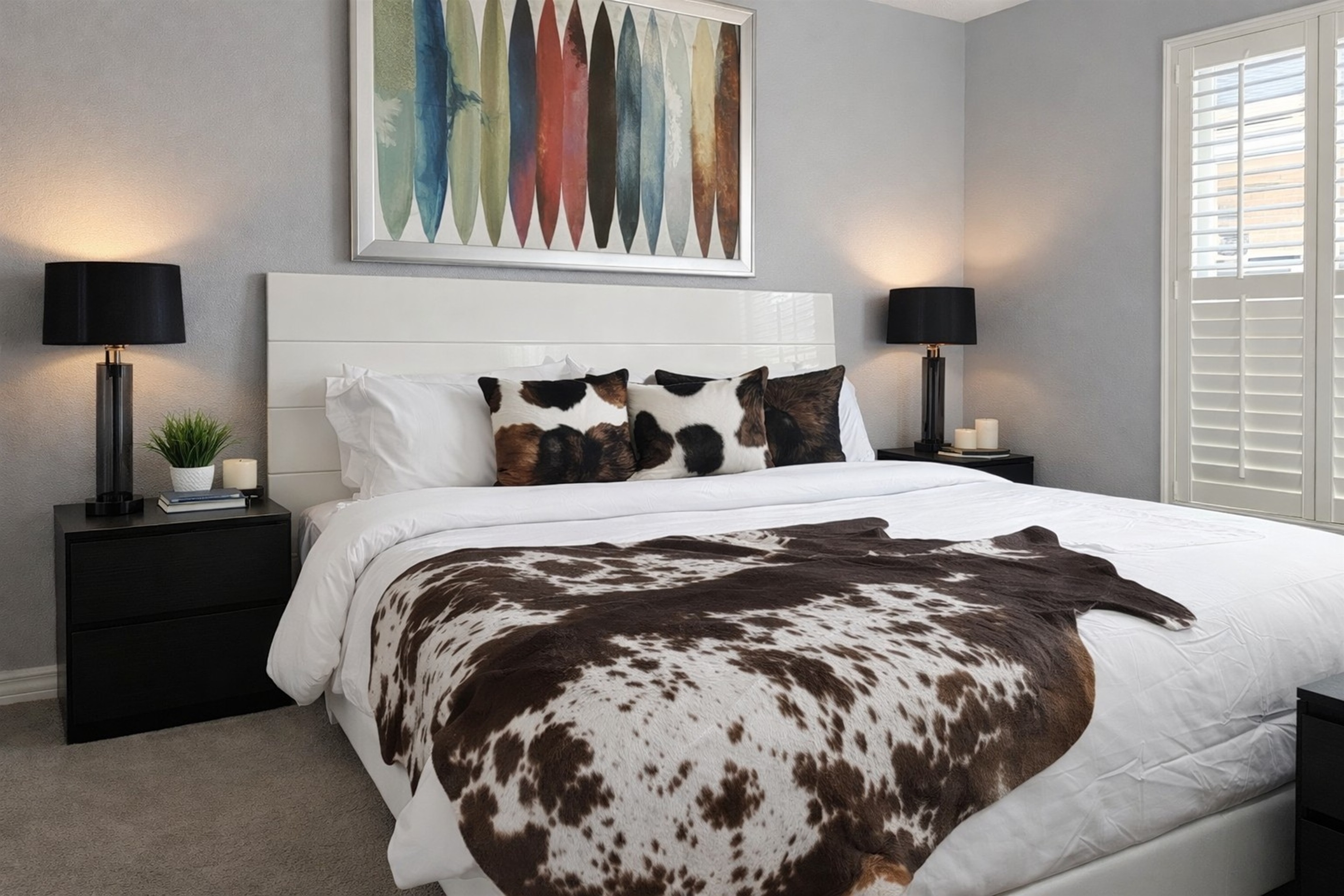 Modern bedroom featuring a king-size bed with cowhide accents and soft lighting.