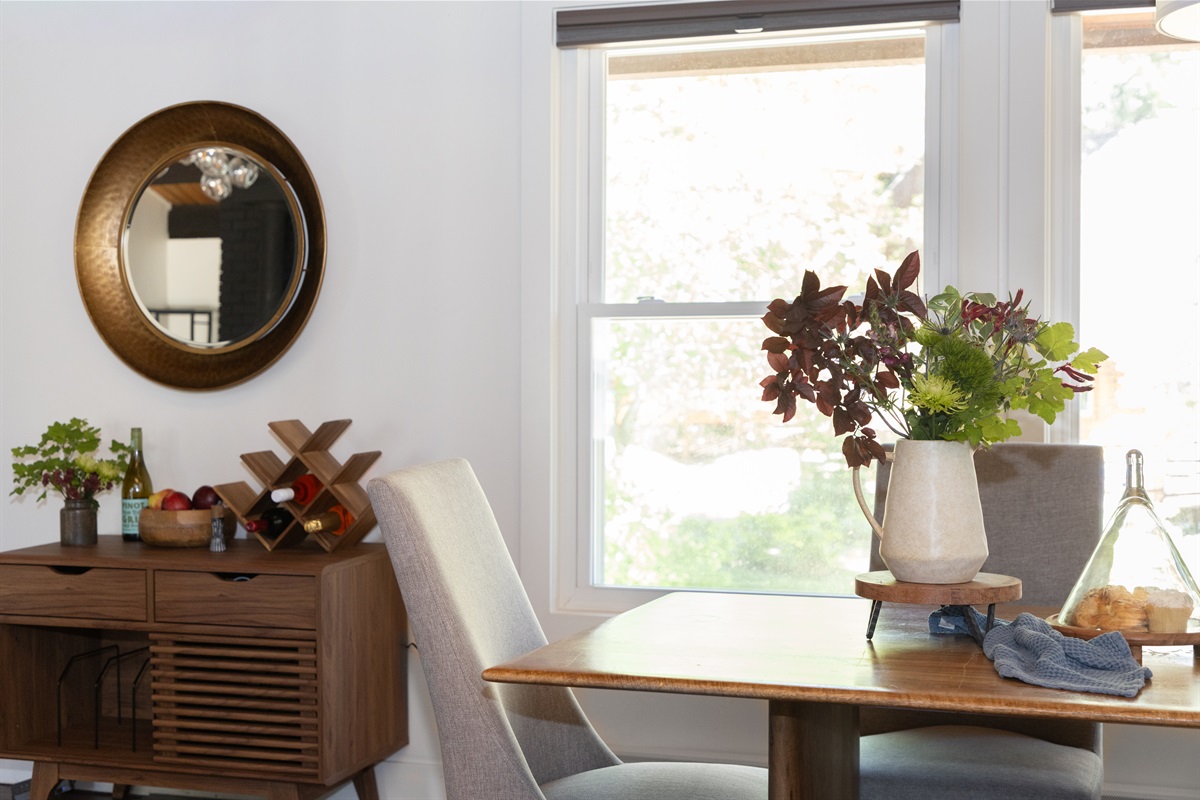 Big, bright windows with views of the peaceful pines.