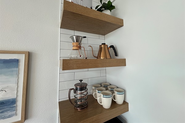 Enjoy brewing your morning pour over or french press. Bring your favorite whole beans and grind them in the provided coffee grinder.