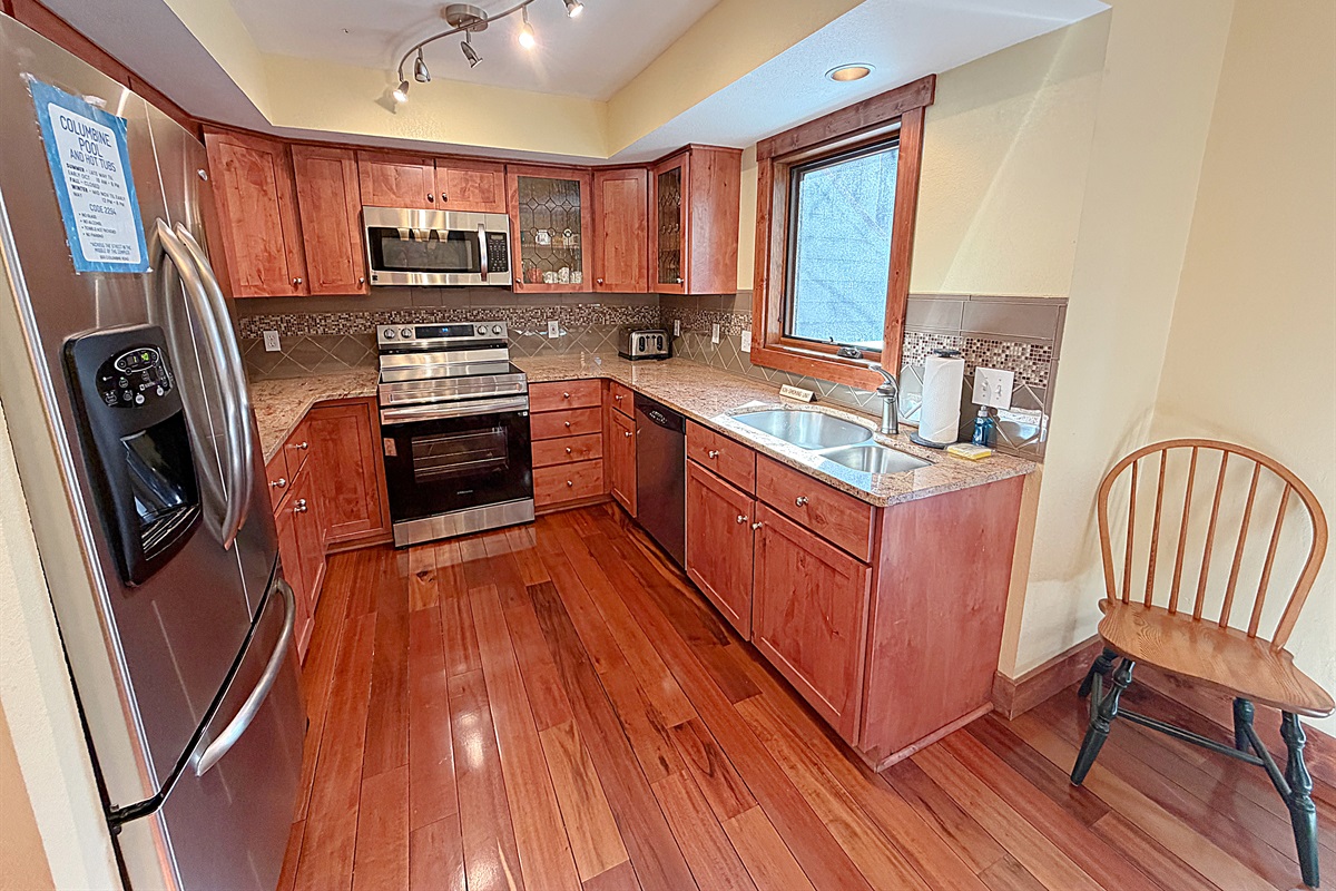 Kitchen with new appliances and view to hot tub.