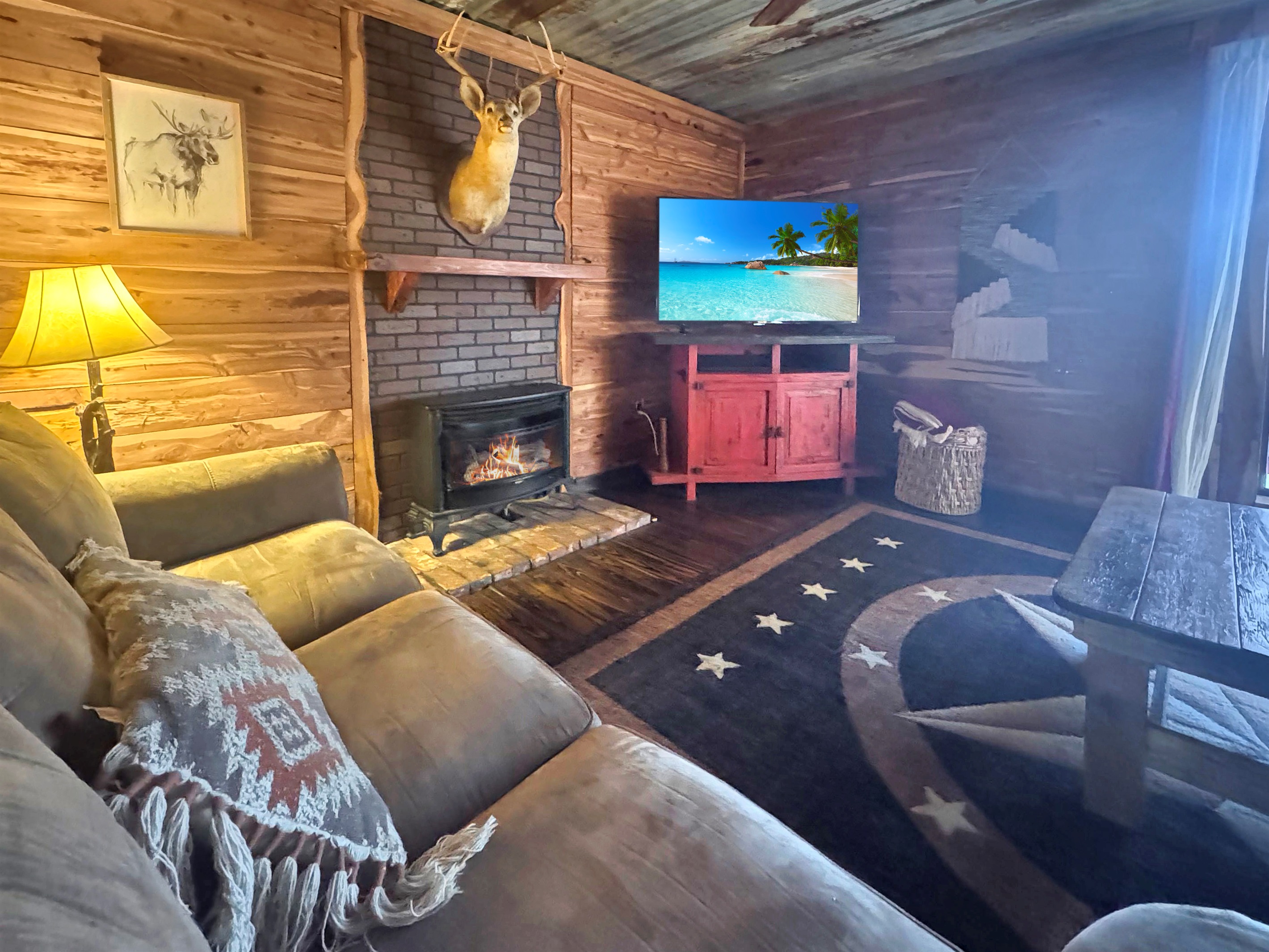 Fire glowing, family gathered - this is what cabin life is all about.