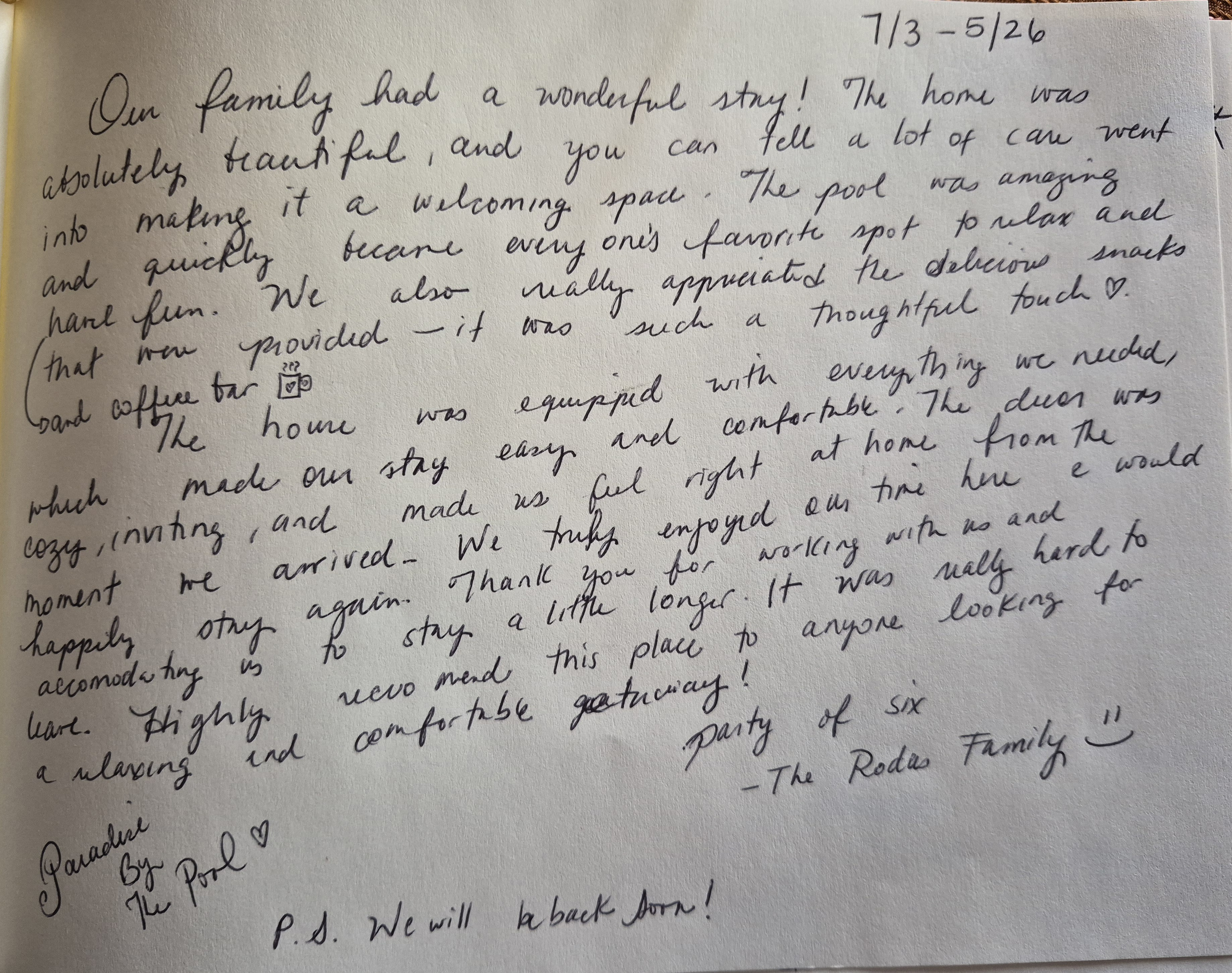 Guest's thoughtful reviews during their stay