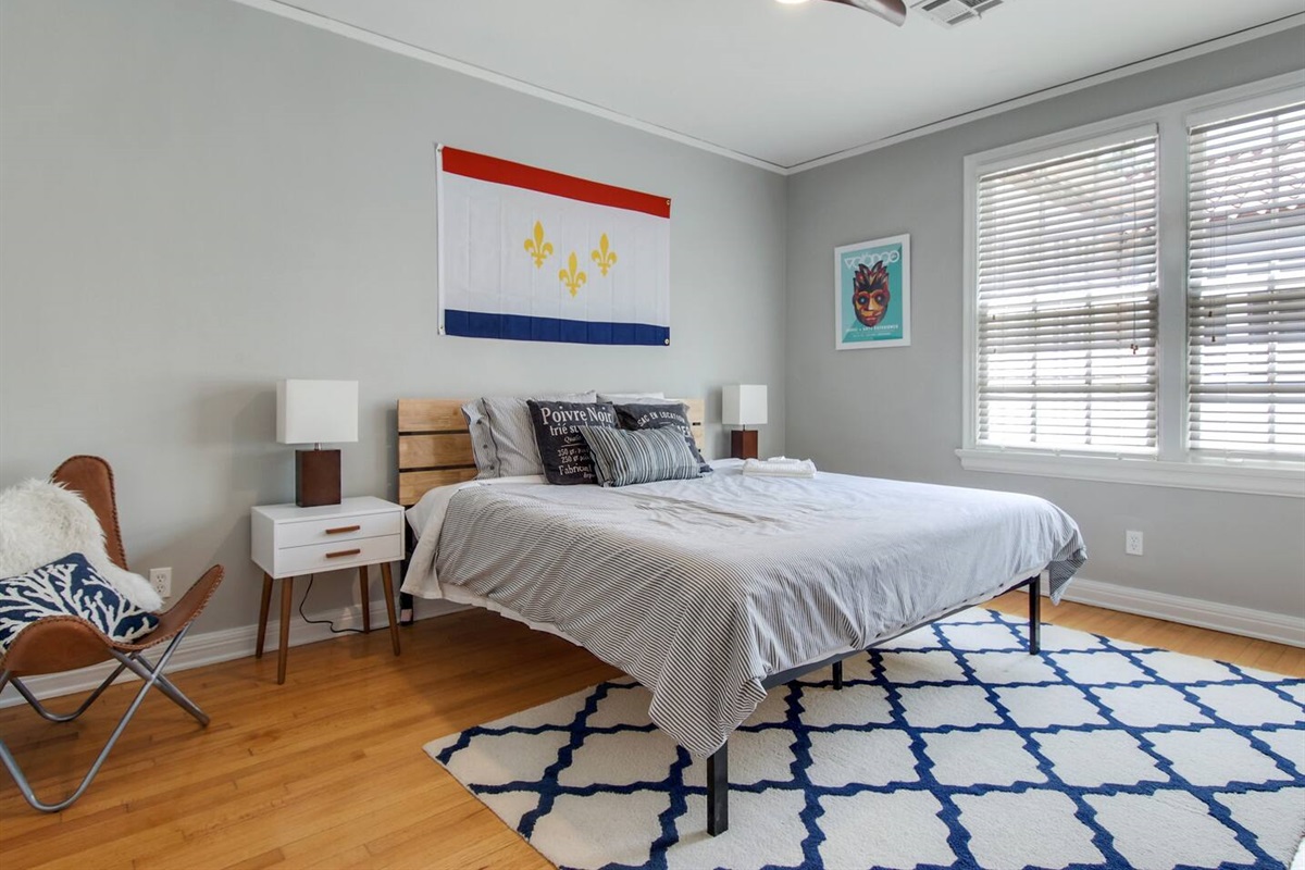 Bedroom 2. King bed. Jack and Jill bathroom shared with bedroom 1. (Not pictured: Roku TV.)