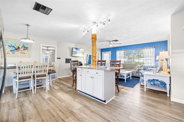 Kitchen with cookware, dishes and utensils for 10!   Kitchen includes coffee, paper towels and starter set of Dishwasher detergent.