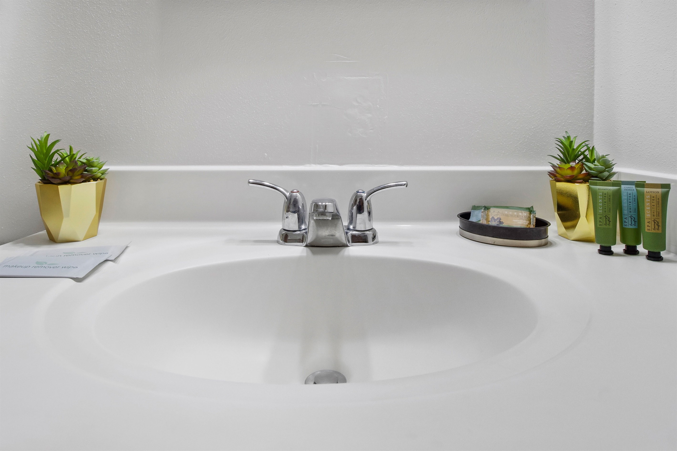 Shampoo, conditioner, lotion, and makeup remover are provided for your comfort and convenience.