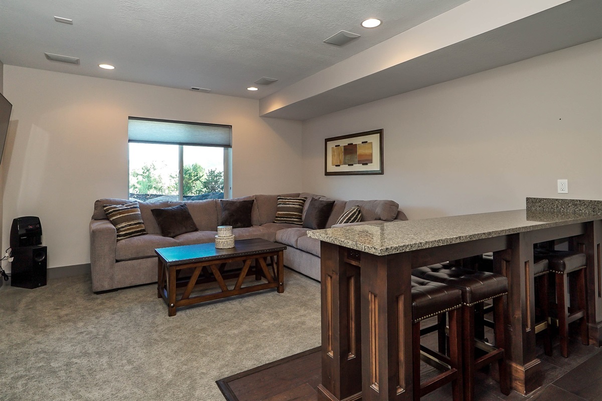 Spacious lower-level family room perfect for relaxing or movie nights.