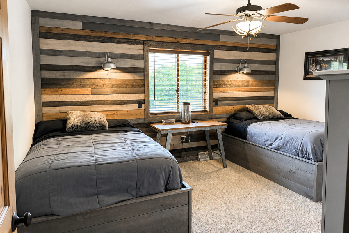Comfortable multi bed bedroom with rustic wood accents and plenty of sleeping space, making the lodge a great option for families, trail groups, and larger Northwoods getaways.