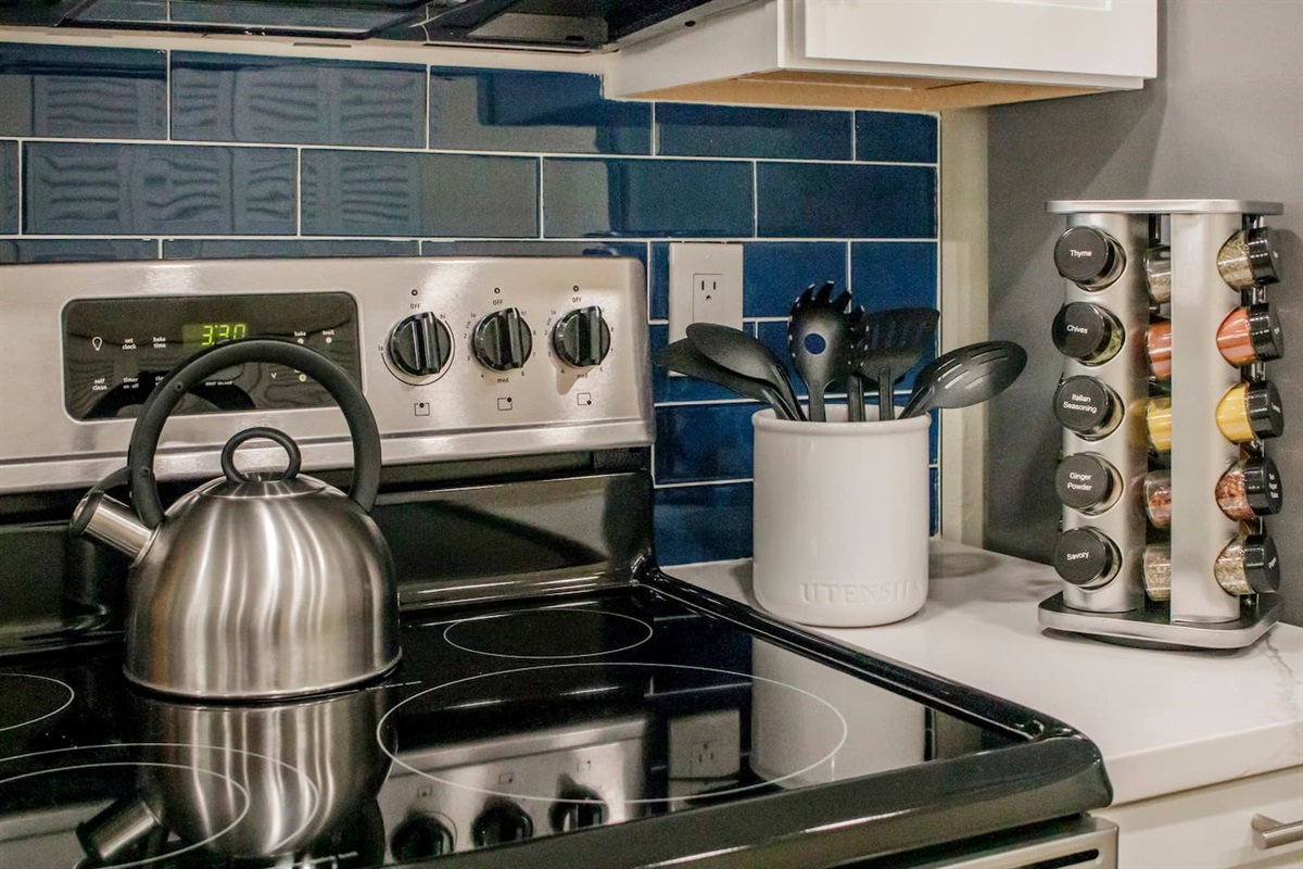 Fully stocked kitchen. 