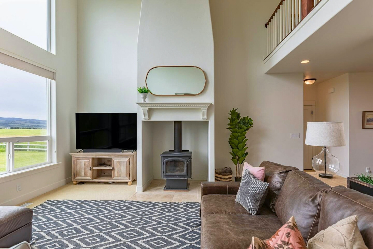 Catch a show while soaking in the mountain views from the living room