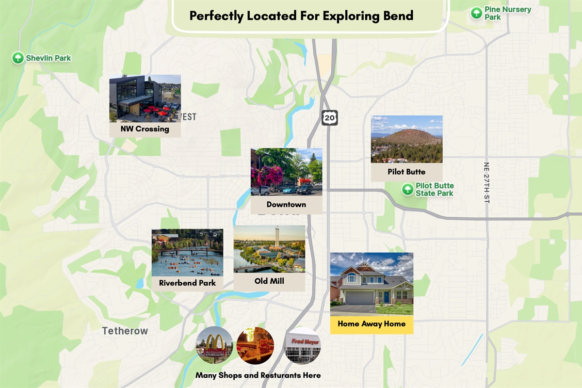 Our home is conveniently located for exploring Bend and Central Oregon, with quick access to shops, restaurants, major roads, and highways, plus an easy drive to Mt. Bachelor, Sunriver, Sisters, and Redmond.