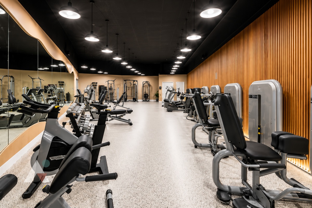 Treadmills, bikes and weight machines fill the building's fitness center, available to guests throughout their stay.