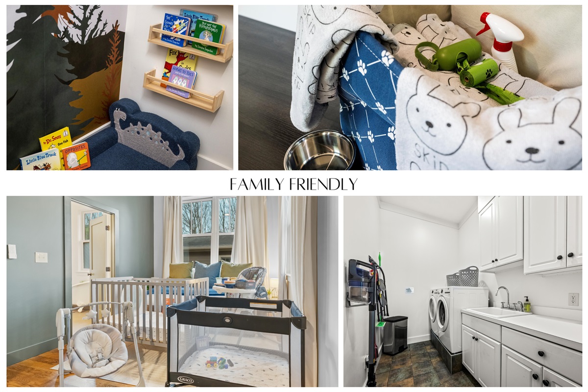 From toddlers to tail-waggers, we’ve thought of everyone—baby gear, a playful reading nook, pet supplies, and even two laundry rooms make this the ultimate family retreat.