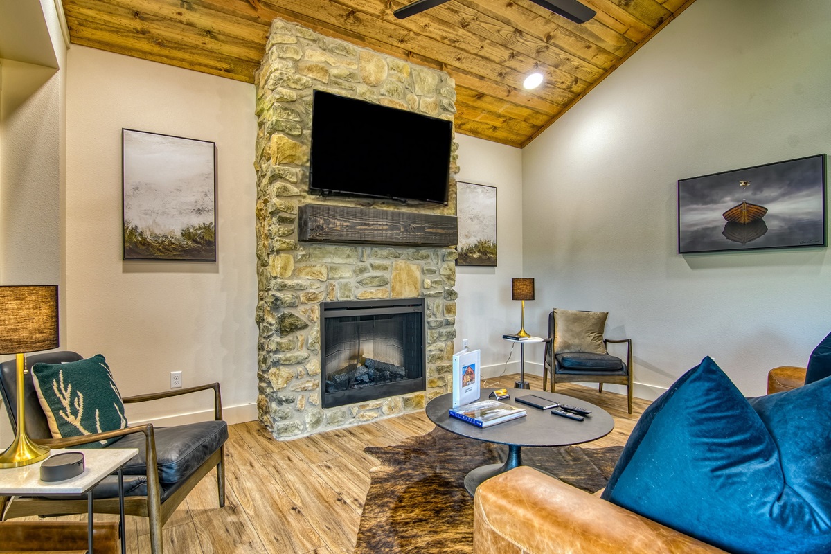 The living room and electric fireplace!