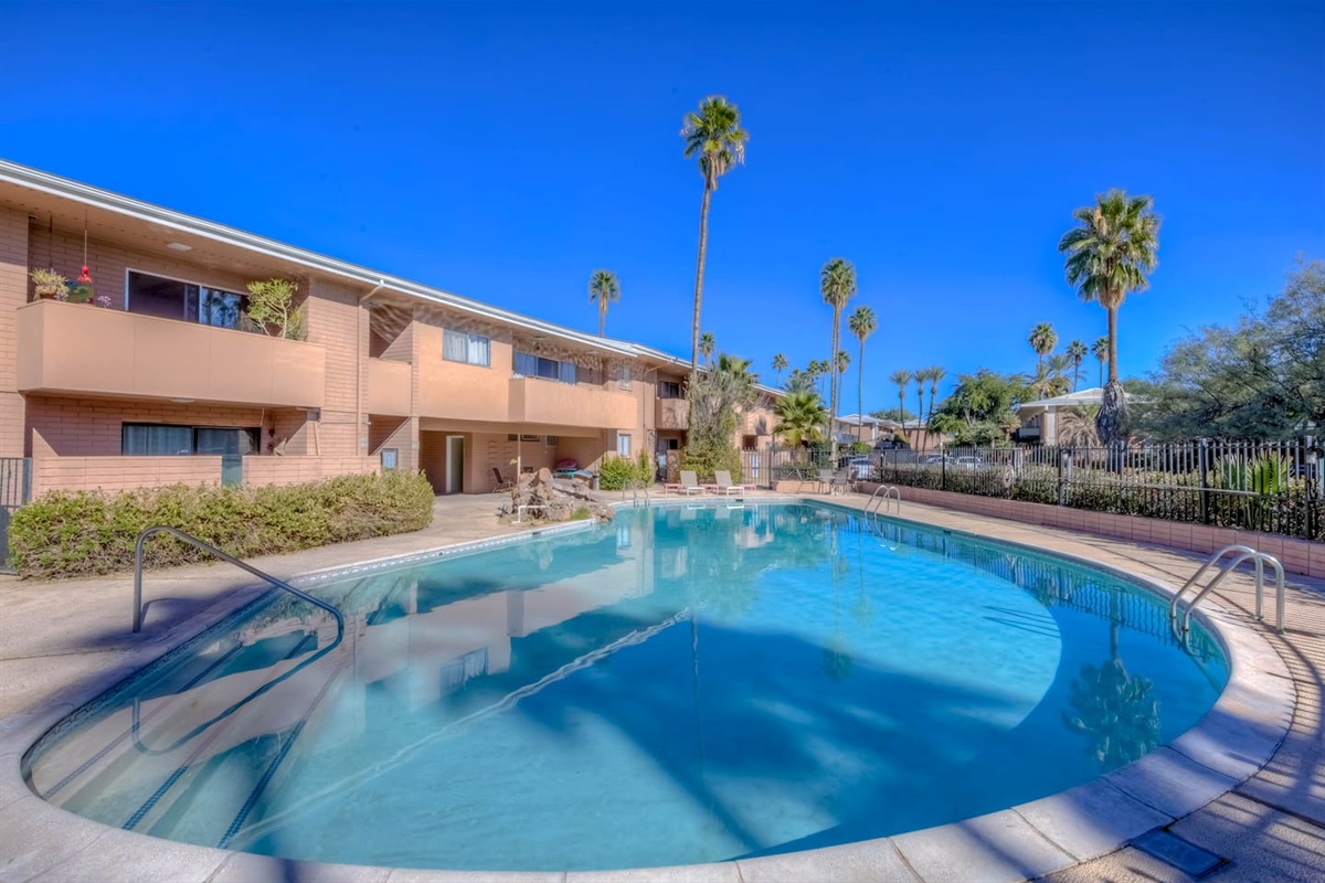 Community pool with vintage fountain