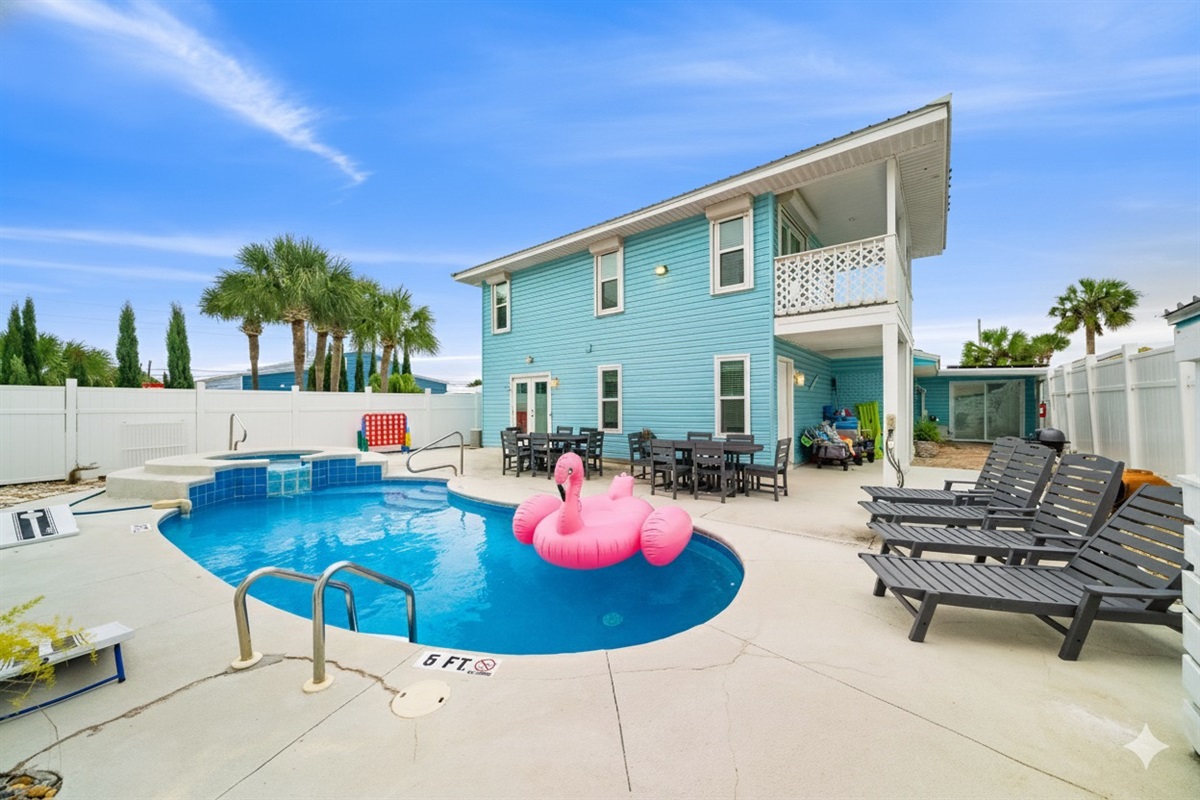 Splash zone! Enjoy being in and around your own private pool with outdoor dining furniture and a grill nearby. Contact the host for pool heating availability!