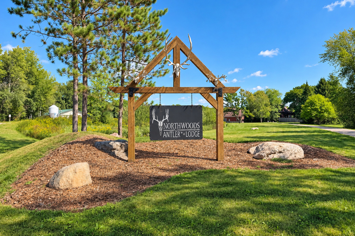 Welcome to Northwoods Antler Lodge and House, where rustic Northwoods character begins with our handcrafted wooden sign, antler décor, and peaceful landscaped setting in Birchwood, Wisconsin.