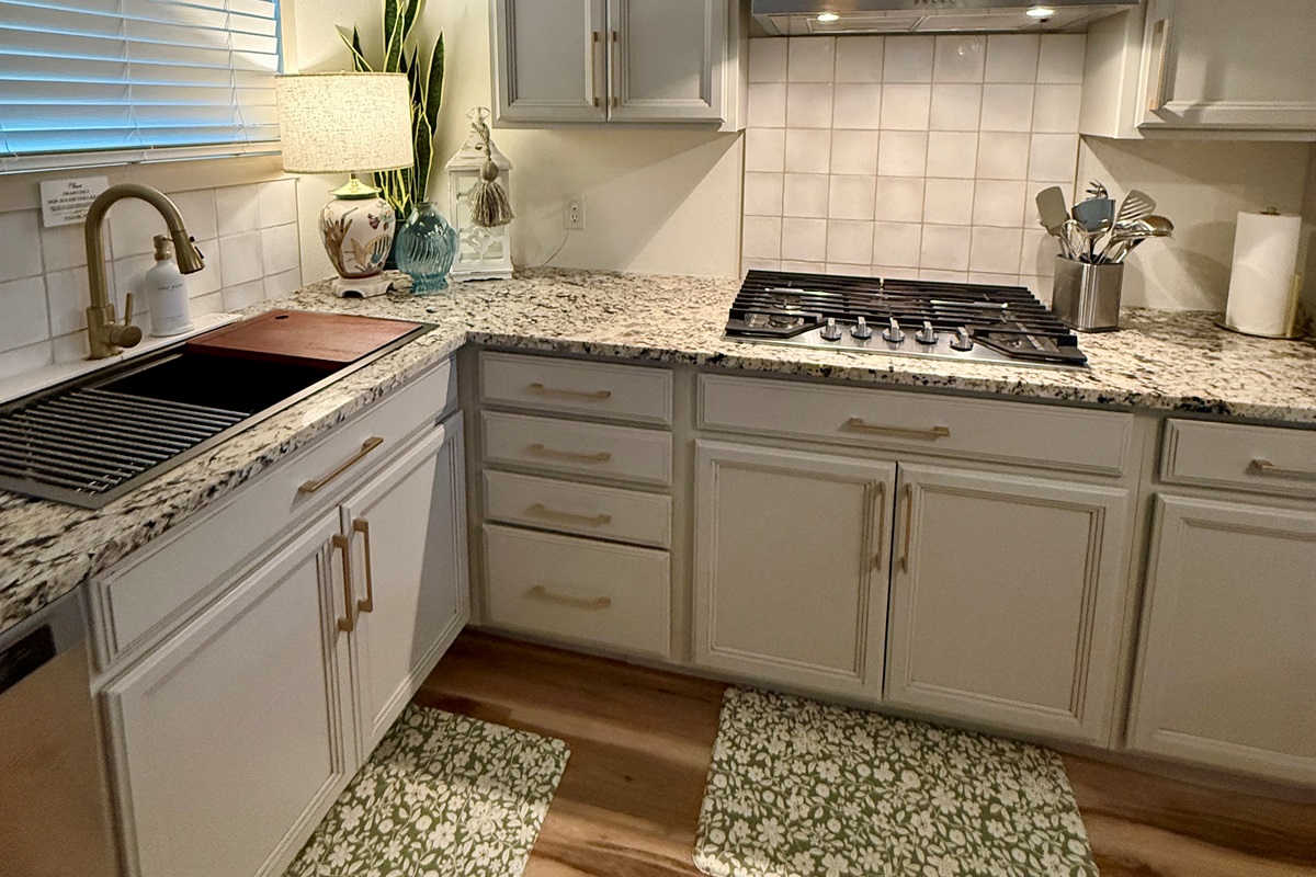 Farmhouse sink w/cutting board and 5 burner gas cooktop