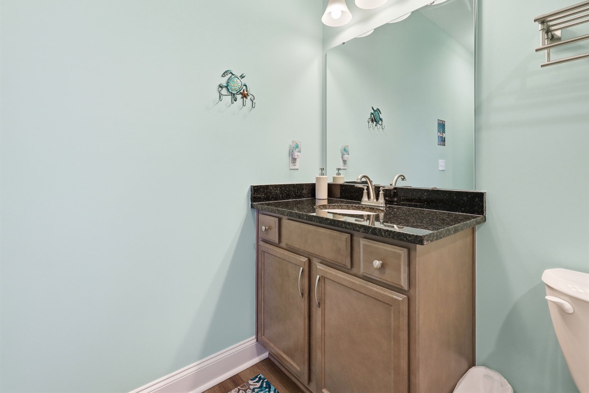 Clean and spacious vanity area with plenty of room to get ready