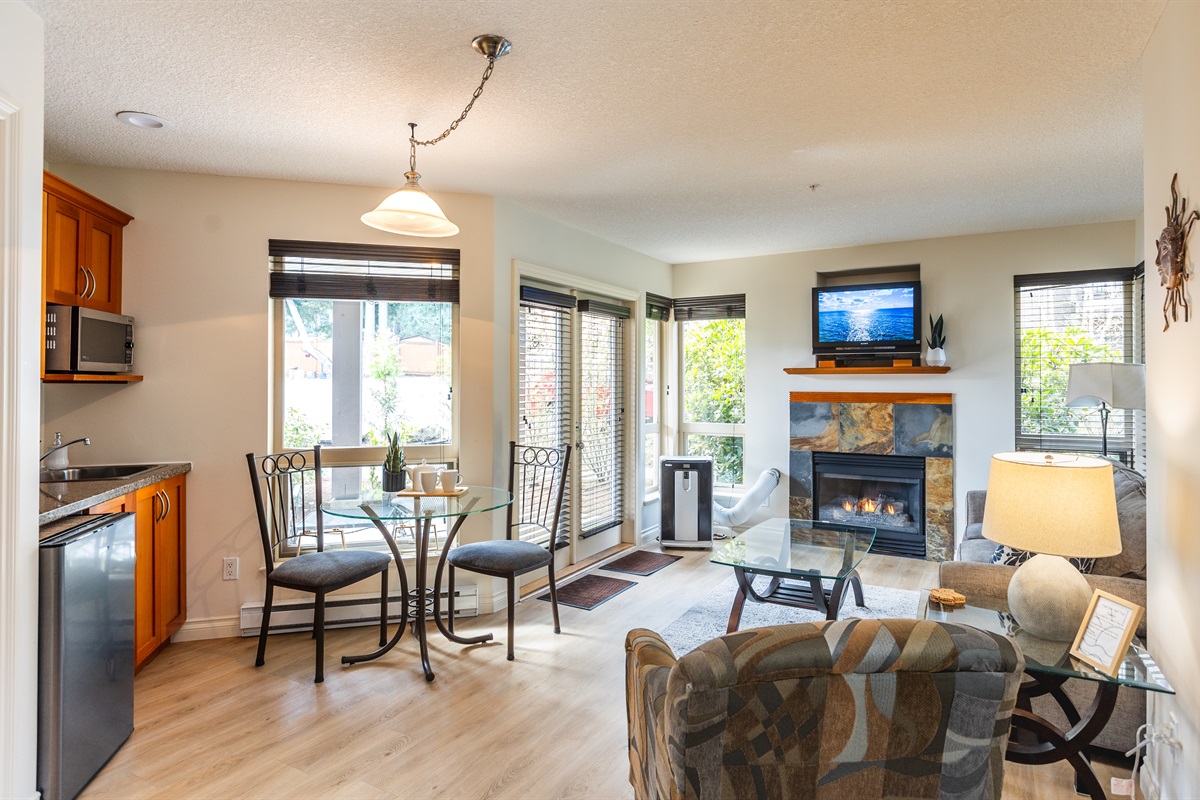 Unit B. Main Floor. Streaming TV. Double glass doors. AC unit / natural gas fireplace. Covered Patio. Open concept. Roomy and spacious. Queen pull out sofa for extra Guests.
