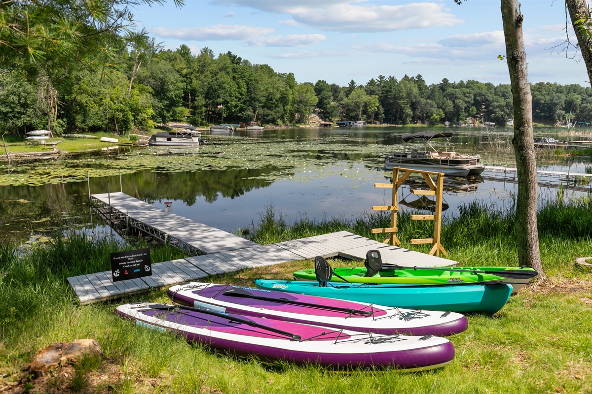 Included with your stay: kayaks and paddleboards ready to launch for hours of lake fun and exploration.