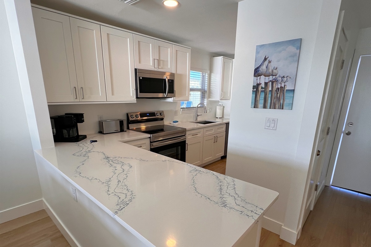 Oversized serving counter and entrance hall to right