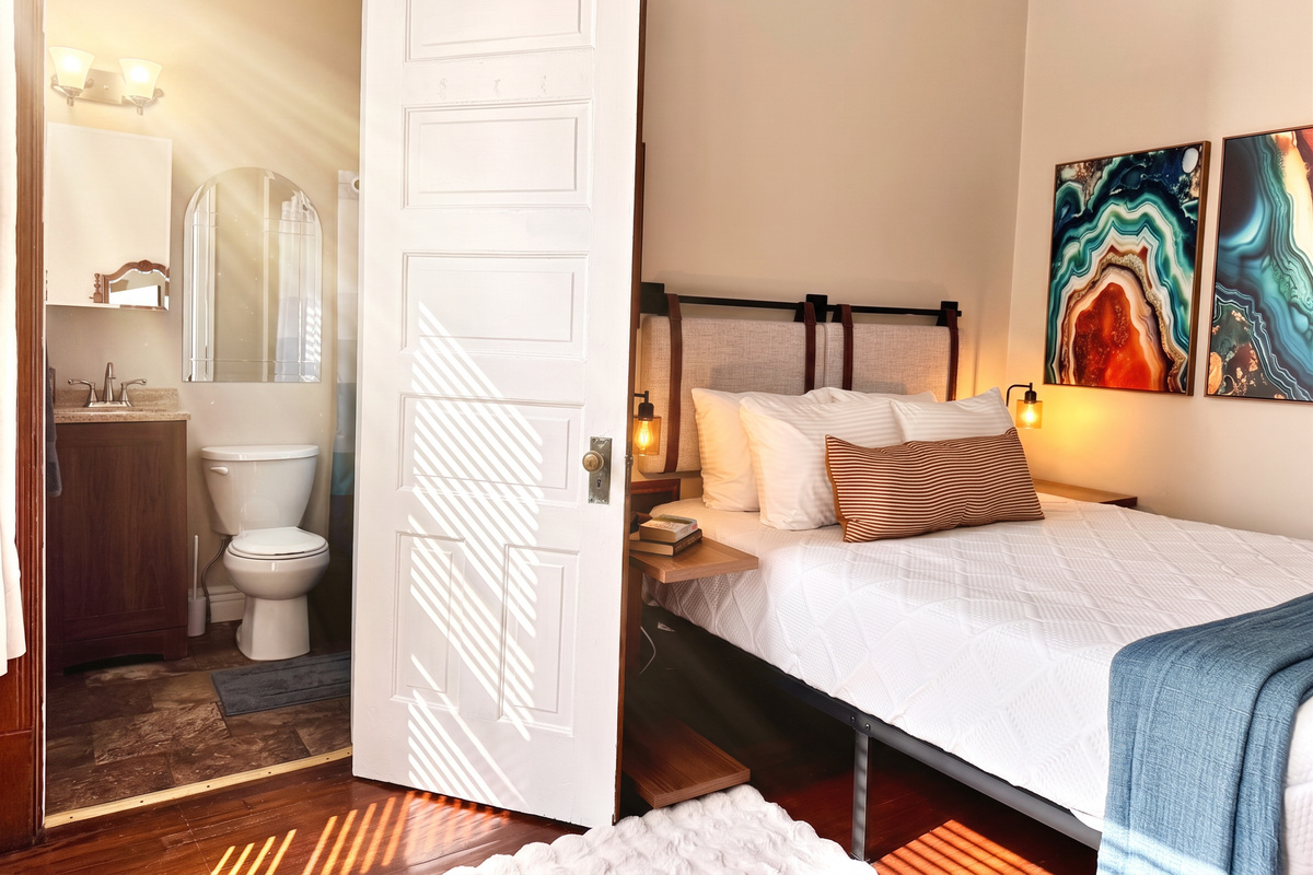 Remodeled and spotless, the on-suite bathroom is well appointed for when nature calls.