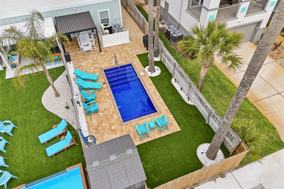 Overhead view of the pool and backyard
