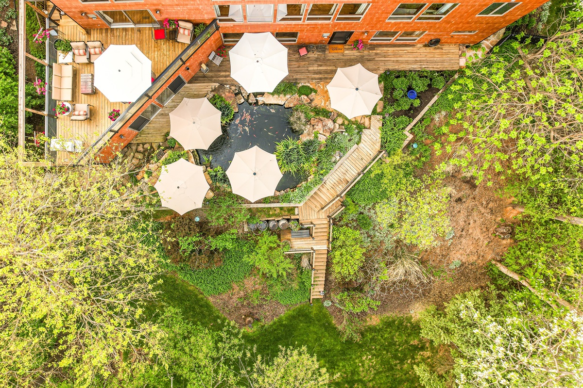 Our private, treed backyard is a multi-level retreat. Relax by the 7,000-gallon koi pond, enjoy the sun, or nest under an umbrella. Find a quiet spot  on the lower dec or bottom lawn. A perfectly secluded hideaway in the heart of Abingdon.