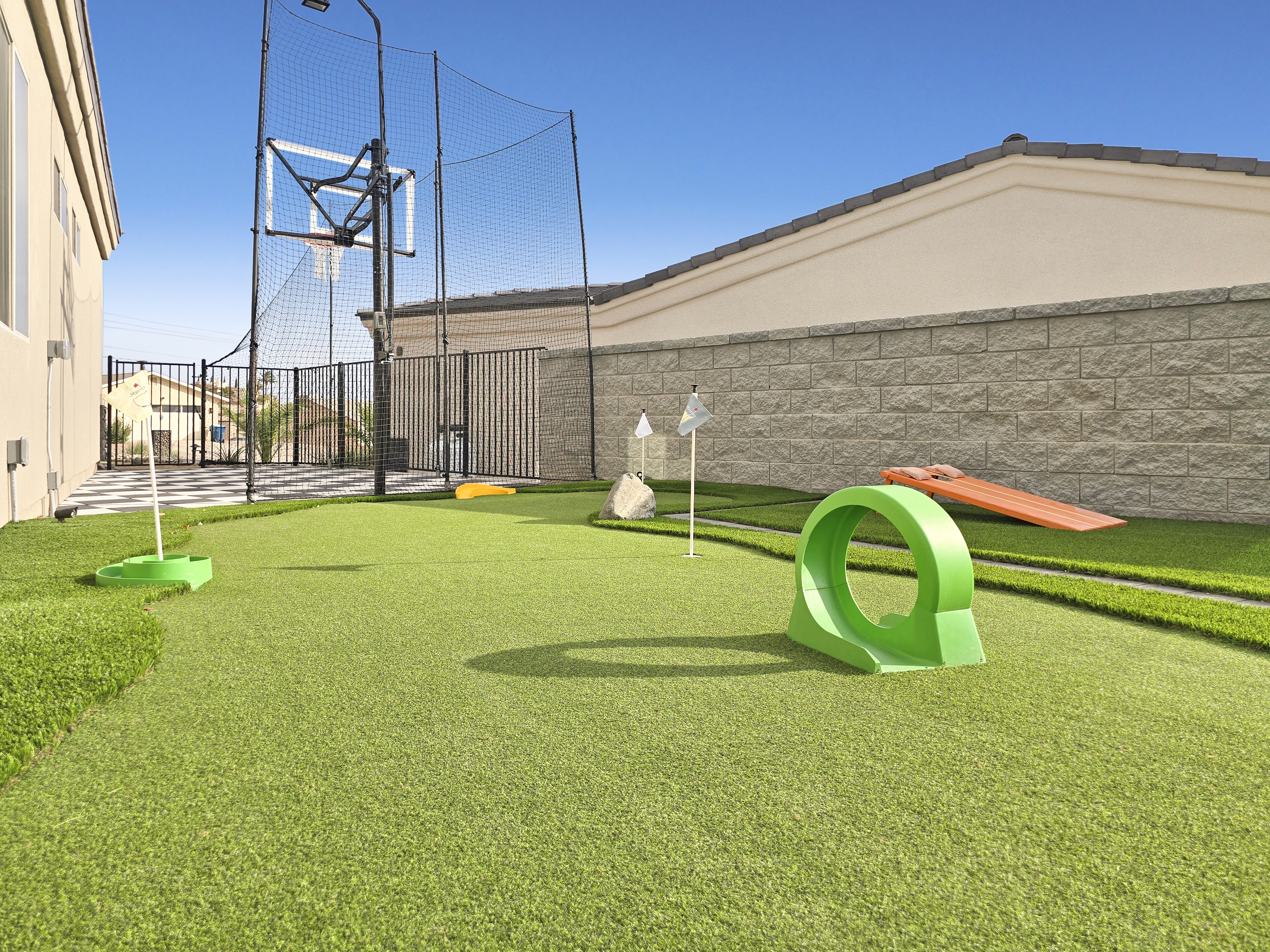 Stay busy with 4-hole mini golf, basketball, and cornhole.