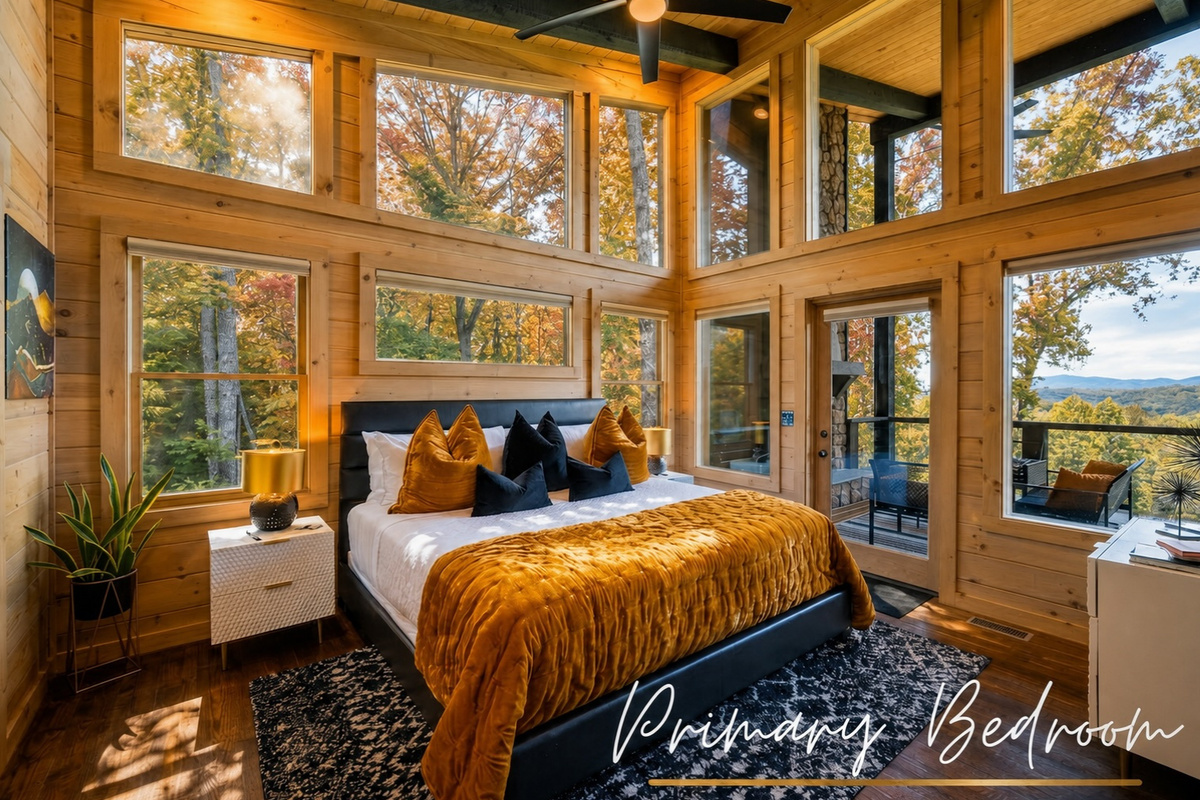 Luxurious bedding, stylish accents, and peaceful views make this king suite a serene retreat for restful nights.