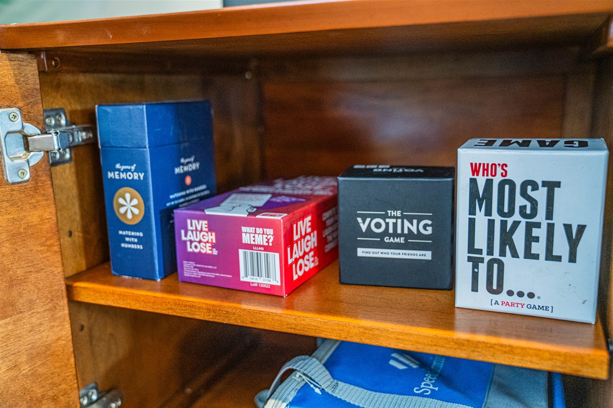 Selection of games and entertainment options for guests of all ages — perfect for family nights and group downtime.