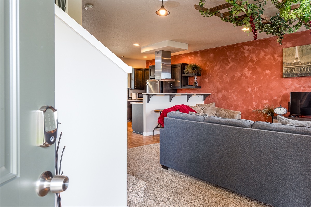 A view from an open door into a cozy living space featuring a gray sectional sofa with a red blanket, a kitchen area with dark cabinets and stainless steel appliances, and a warm, textured orange wall adorned with greenery and wall decor.
