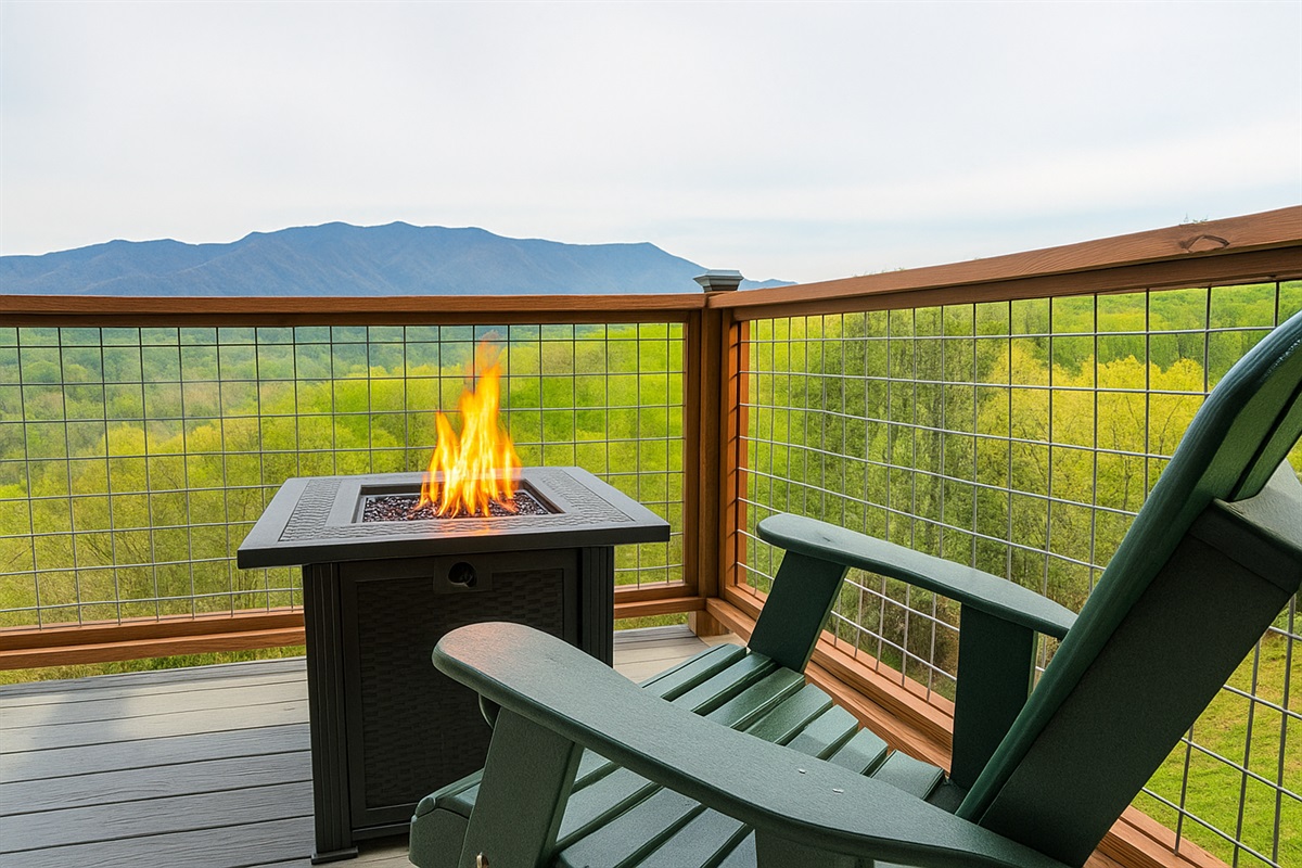 gas firepit on the porch overlooking mountains