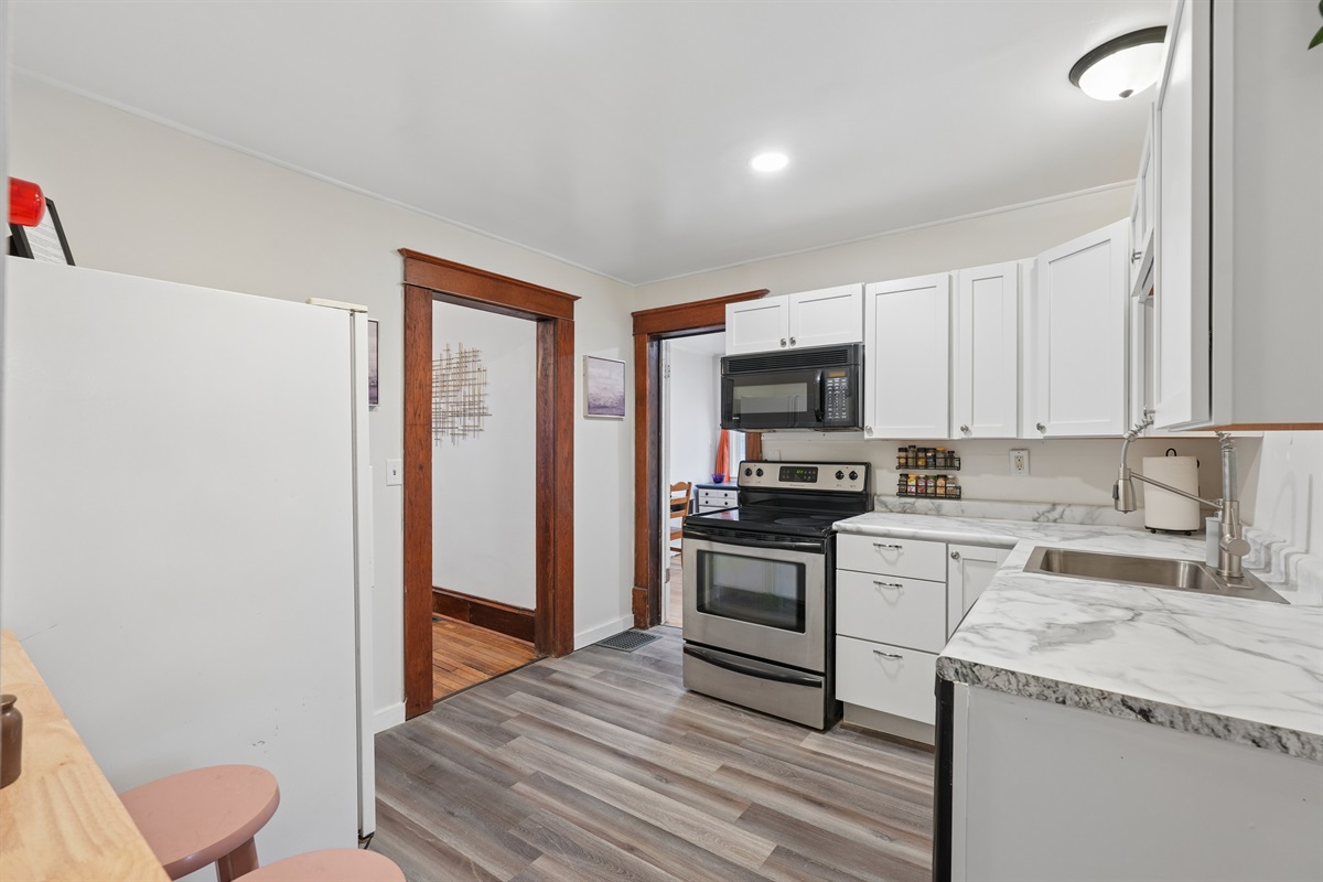 The kitchen is fully stocked with pots, pans, dishware, spices and other helpful items you may need during your stay.