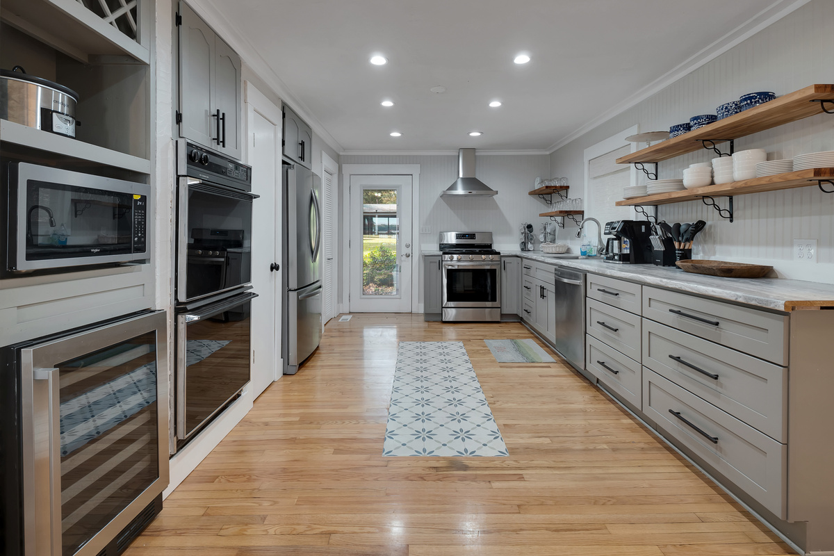 Gas range and oven, double electric oven, microwave, wine storage, icemaker