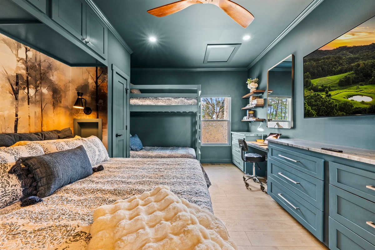 The family bedroom is custom built and thoughtfully designed.