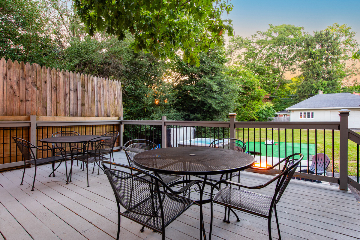 Hot tub, fire pit and back deck area