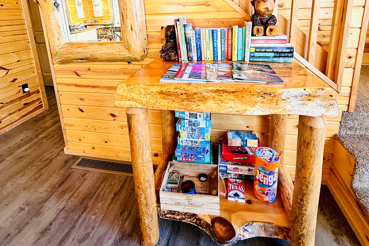 Lots of board games and books for rainy days.