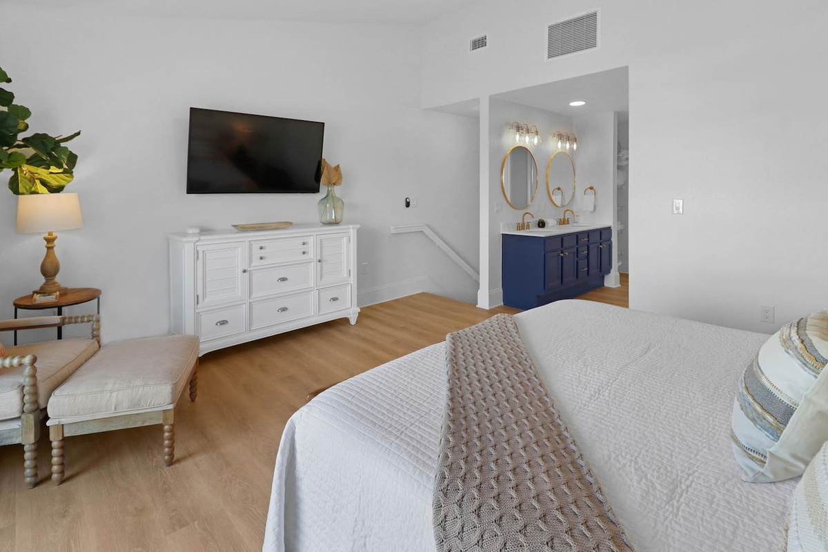 Stream your own shows on the master bedroom's large Smart TV without disturbing anyone downstairs.