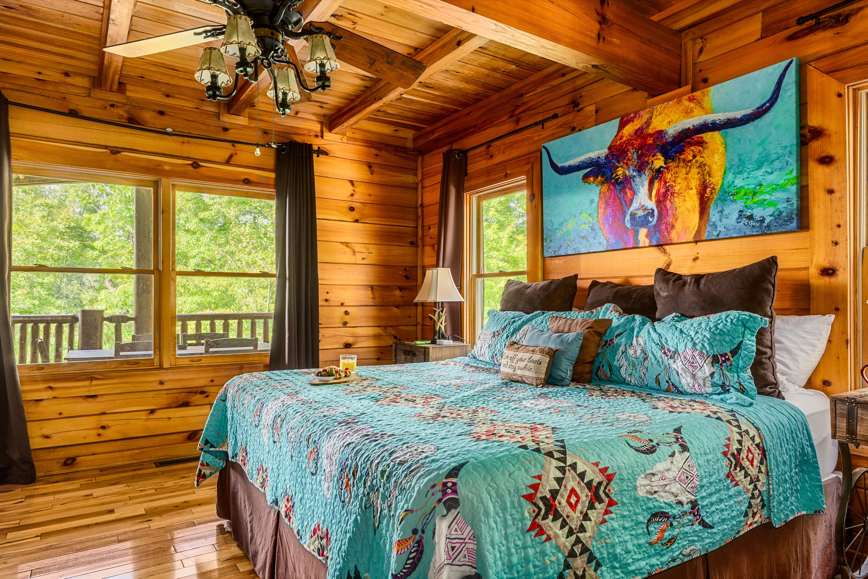 King bed, main level, ensuite full bath, with shower and large oval tub.
