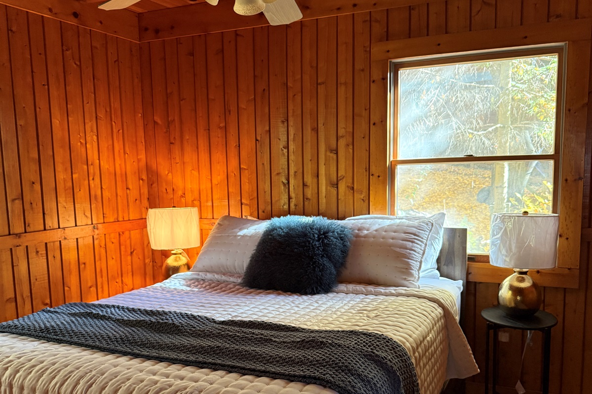 The second bedroom on the main floor has a queen bed and access to the shared bathroom.