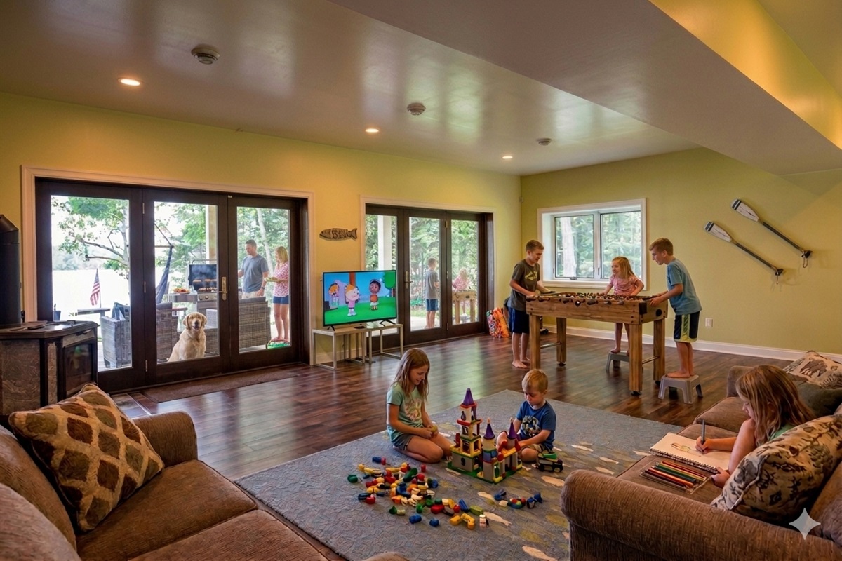 Walkout basement.  Perfect to hangout while adults grill.