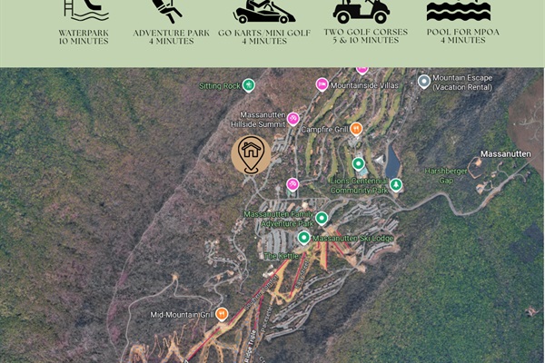We&rsquo;re centrally located within the resort, just a short drive to hiking trails, the water park, adventure park, go-karts, golf, skiing, and more. Enjoy easy access to everything Massanutten offers!
