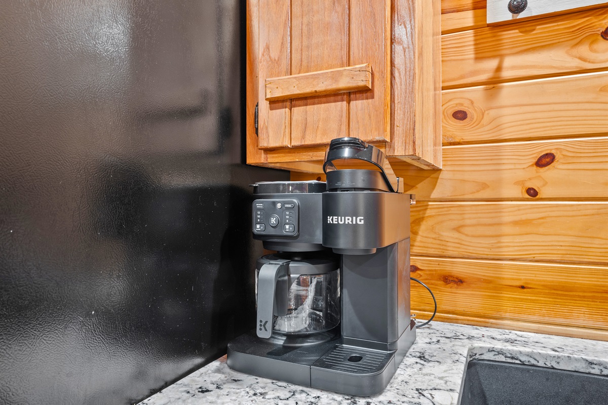 Convenient coffee station with Keurig, drip brewer, and all the essentials for your morning pick-me-up.