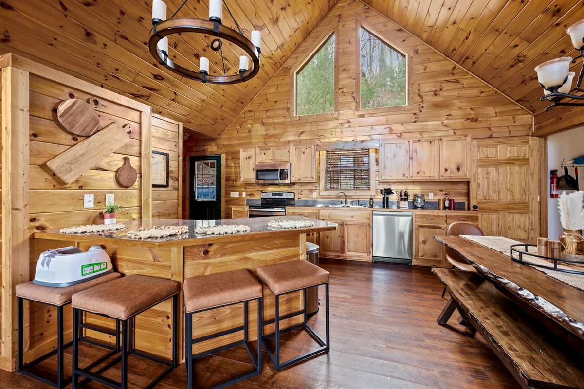 Soaring ceilings in the kitchen and eating area.