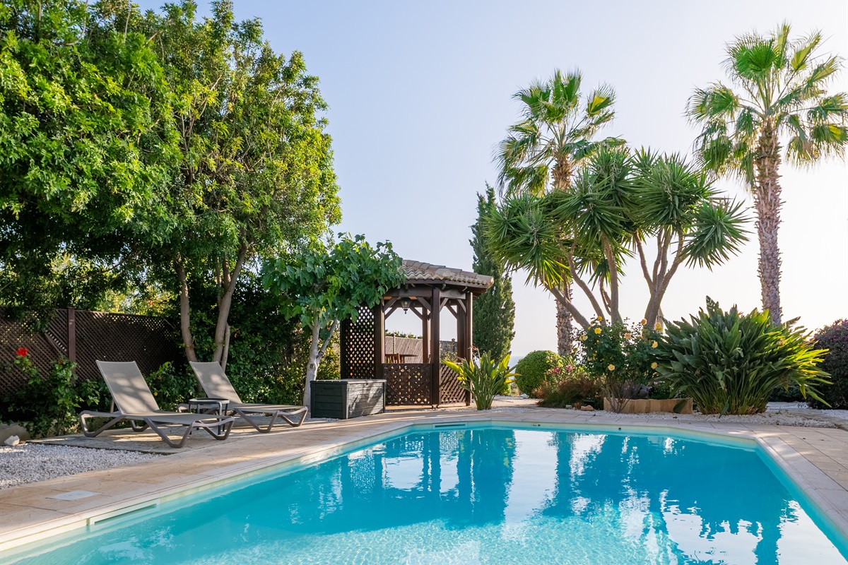 Lounge by the pool on the sun loungers or in the shade of the gazebo. Whether you're seeking sun or shade, the different outdoor spaces provides plenty of options throughout the day.