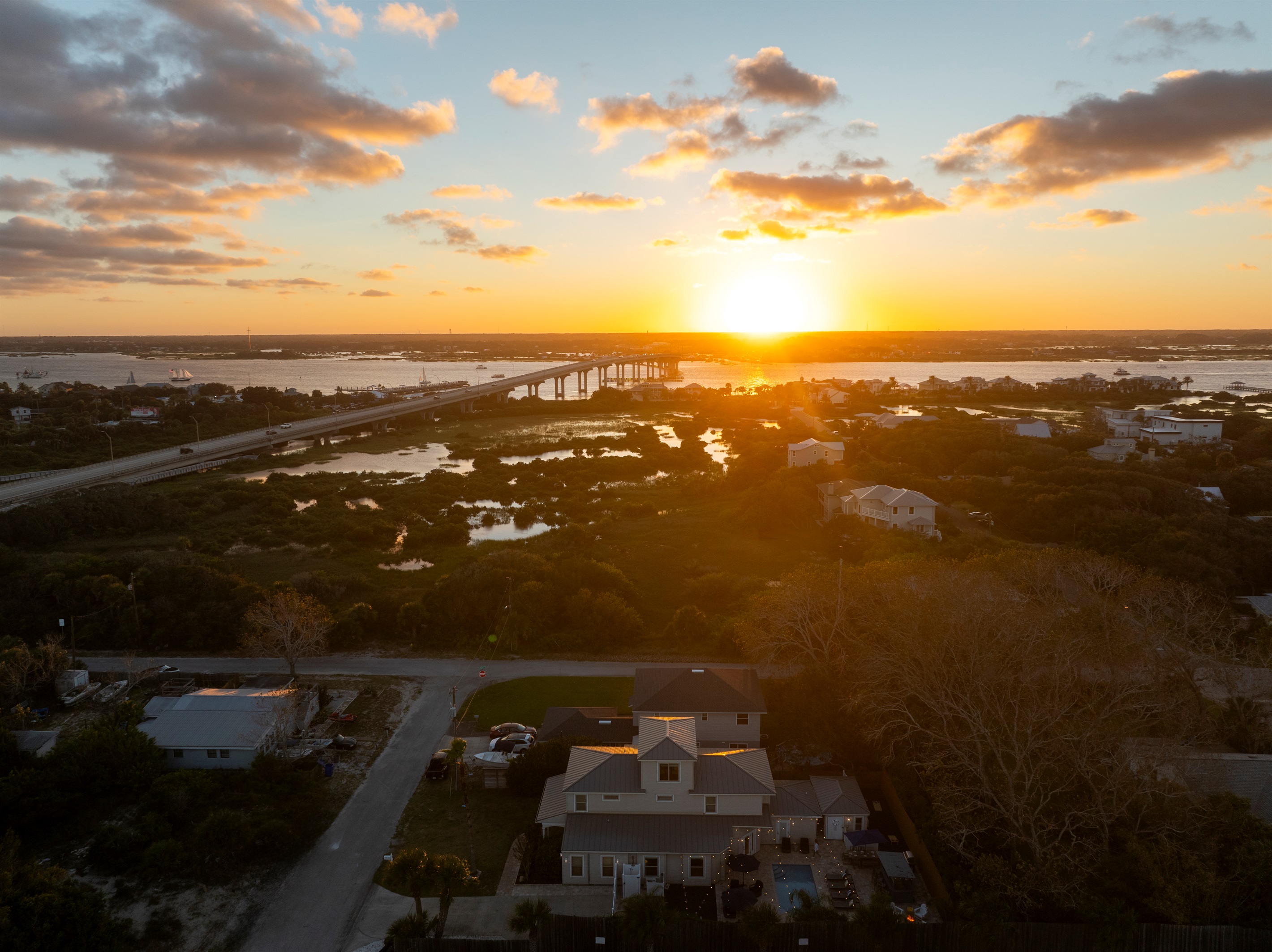 Ariel view of sunset and Francis and Mary Usina Bridge to St Augustine