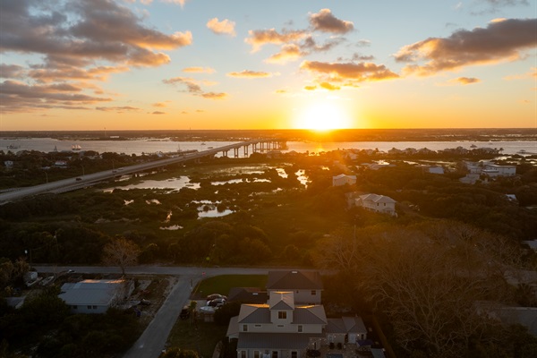 Ariel view of sunset and Francis and Mary Usina Bridge to St Augustine