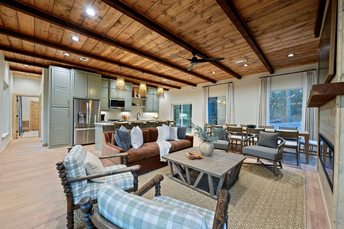 Open living area &mdash; cozy seating, fireplace, and seamless flow for group stays.
